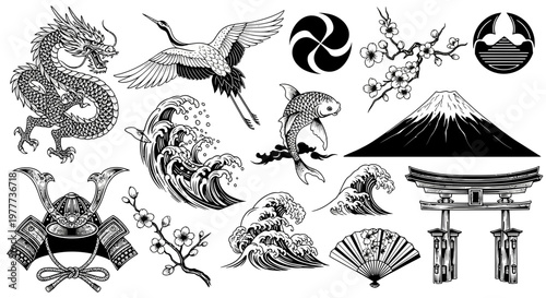 Japanese Cultural Icons: Dragon, Crane, Mt. Fuji, Samurai Helmet, Waves, Fan, Torii Gate