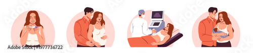 Pregnancy and childbirth concept. Happy pregnant woman takes pregnancy test, visits doctor with husband, and holds newborn baby. Flat hand drawn vector illustration collection isolated on background