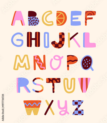 Summer Creative Alphabet. Charming and fun summer font with geometric patterns and decorative elements. Trendy typography. Flat hand drawn vector illustration collection isolated on background