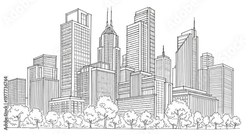 Modern Cityscape Drawing: Tall Buildings, Trees, and Urban Skyline Sketch