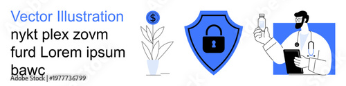 Cybersecurity, financial services, medical care, data protection, online security, healthcare technology. A doctor holding medical tools, a shield with a lock and a money plant. Cybersecurity