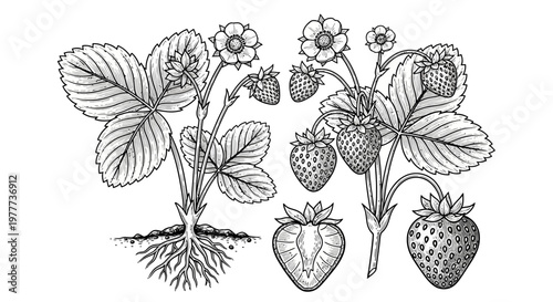 Strawberry Plant with Roots, Flowers, and Fruit - Botanical Illustration
