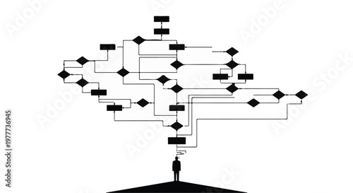 man standing in front of complex flowchart or decision tree diagram