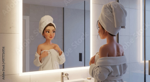 Woman in bathrobe and towel looking in mirror after shower, bathroom interior