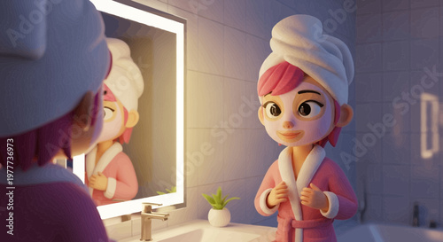 Young Woman Applying Face Mask in Bathroom Mirror, Skincare Routine