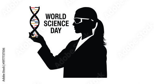 Silhouette of a scientist examining a colorful dna double helix structure celebrating world science day