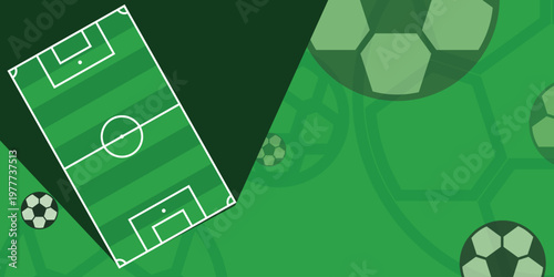 Flat Design Soccer Field Background with Green Geometric Shapes and Ball Elements for Sports Banner and Football Event Promotion Layout