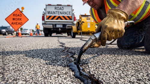 A road construction worker is shown filling a crack in asphalt with hot tar using specialized equipment.