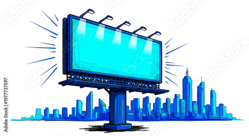blue city skyline with blank billboard illustration