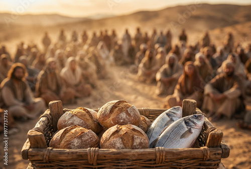 A woven basket with five loaves of bread and two fishes in sharp focus, symbolizing the biblical miracle of feeding the multitude, with a blurred crowd of people sitting in a sunlit desert landscape.