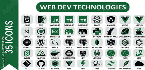 Collection of 35 Web Development Technology Icons for Design and Development Projects