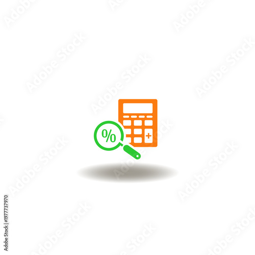 Vector illustration of calculator and magnifier with percent. Symbol of accounting pension. Icon of calculation taxes.