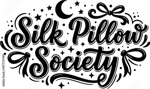 Silk pillow society script lettering with stars moon and bows black and white