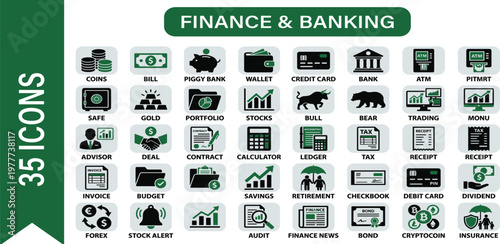 Finance and banking icons set, collection of financial symbols for app and web design