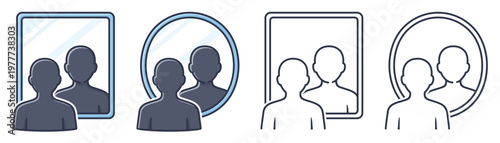 People Reflection Mirror Icon Set with Circle and Square Frames. Vector Illustration