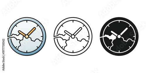 Broken Clock Icon with Crack Texture. Time Out and Delay Symbol. Vector Illustration
