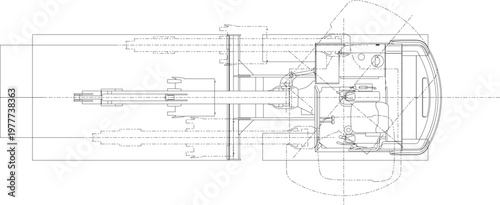Technical engineering drawing showing a top-down plan view of a compact excavator featuring a hydraulic boom arm, bucket, and crawler tracks with construction lines.