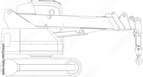Technical engineering drawing showing a side elevation of a crawler crane with a telescopic boom, hook block, and caterpillar tracks.