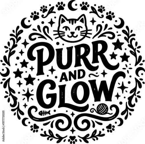 Black and white purr and glow cat face lettering circle ornament vector art