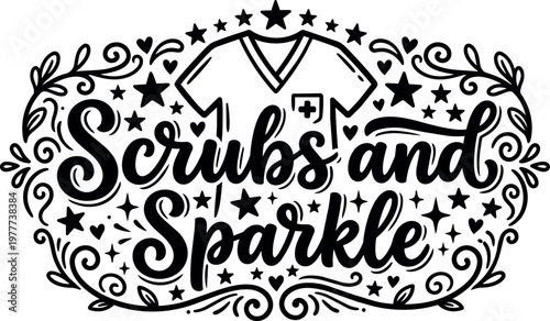 Scrubs and sparkle medical shirt with decorative stars and hearts vector art