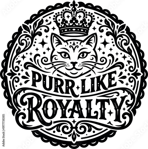 Purr like royalty cat face with crown ornate circle frame vector art
