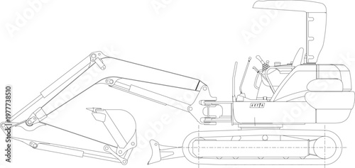 Technical engineering drawing showing a side elevation of a compact mini excavator featuring a hydraulic arm, bucket, crawler tracks, and operator cabin with canopy.