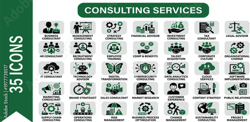 Comprehensive vector icon collection illustrating diverse business strategies, professional management, digital transformation, and expert advisory solutions for enterprise success