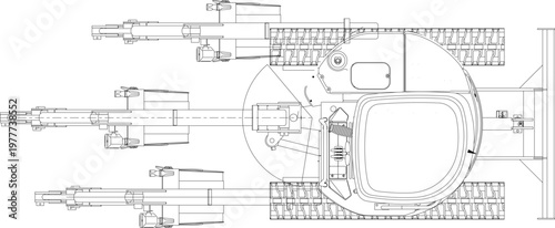 Technical engineering drawing showing a top-down plan view of a compact excavator with crawler tracks and a hydraulic boom arm shown in three different positions.