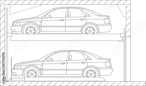 Technical engineering drawing showing a side elevation of a double-decker mechanical parking lift system with two sedans stacked vertically.