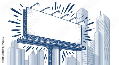 blue cityscape illustration with blank billboard advertisement