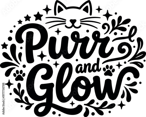 Purr and glow cat face with paw prints and stars calligraphic lettering vector art