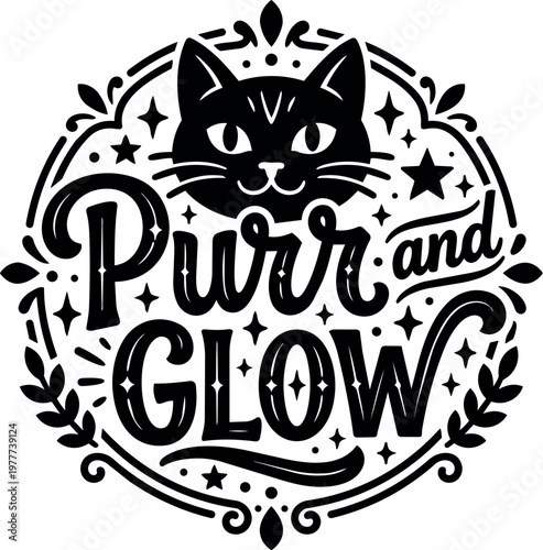 Black and white purr and glow cat face calligraphic lettering circle ornament