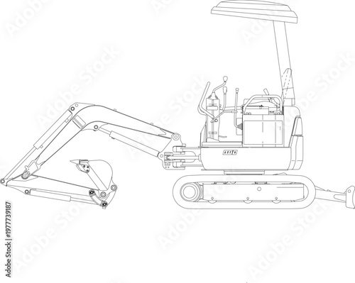 Technical engineering drawing showing a side elevation of a compact mini excavator featuring a hydraulic arm, bucket, crawler tracks, and operator cabin with canopy.