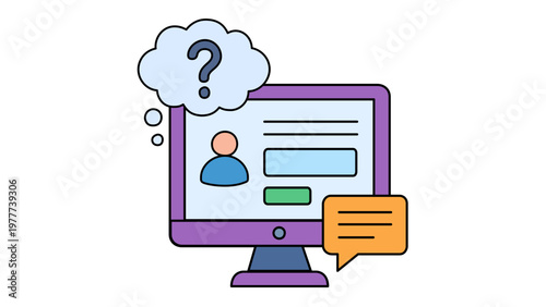 Usability testing vector icon illustration featuring a computer monitor with a user profile interface, a question mark thought bubble, and a speech bubble for feedback and UX design research.