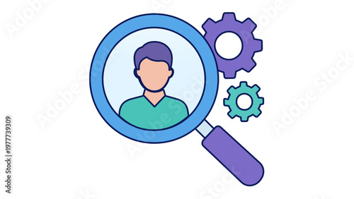 Professional vector illustration of a user experience icon featuring a person profile inside a magnifying glass with gears, representing recruitment, human resources, and search optimization.