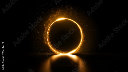 A solar eclipse concept with a glowing ring of fire on a black background with reflection presented as.