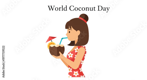 Young woman enjoying a refreshing coconut drink in a summery floral outfit 