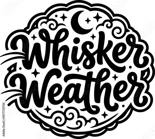Whisker weather calligraphic lettering with moon stars and swirls vector art