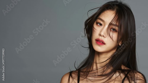 Beauty and confidence Portrait of a young Asian woman with flowing hair in slow motion fashion and cosmetics commercials or editorial projects Shot in a studio with a gray background.