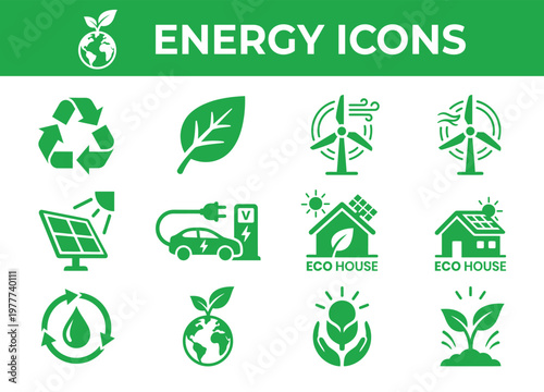 Green renewable energy icons set, sustainable ecology vector symbols, eco house and electric car illustrations for environmental infographics
