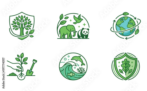 Eco friendly line icons set, environmental conservation and nature protection symbols, green sustainability vector illustrations for ecology branding