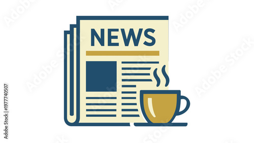 Vector icon illustration of a folded newspaper with the word NEWS and a steaming cup of hot coffee on a saucer, representing morning press, journalism, and daily routine in a flat minimalist style.
