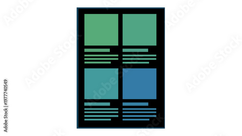 Scalable vector icon illustration of a modern magazine layout with four image placeholders and text blocks. Minimalist flat design for publishing, editorial content, and print media projects.