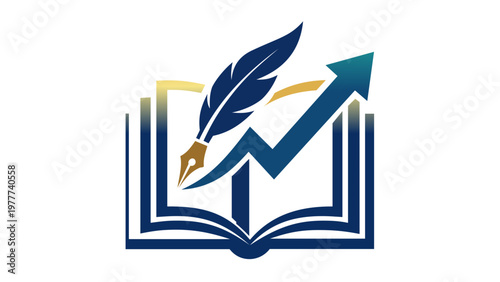 Vector illustration of an open book with a quill pen and a rising arrow graph, symbolizing educational growth, academic success, publishing progress, and financial literacy icon on white background.