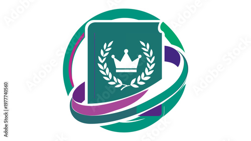Modern vector illustration of a book icon featuring a crown and laurel wreath emblem, surrounded by a vibrant purple and teal gradient swirl, perfect for education, publishing, and print media