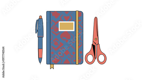Flat vector illustration of a blue patterned notebook with an elastic closure, a matching blue and orange ballpoint pen, and orange scissors. Minimalist stationery icon for office and school.