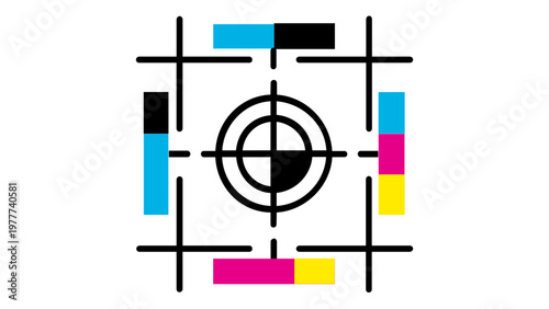 Professional vector illustration of a printing registration mark featuring CMYK color bars and target crosshairs. Minimalist flat icon for prepress, offset printing, and design industry.
