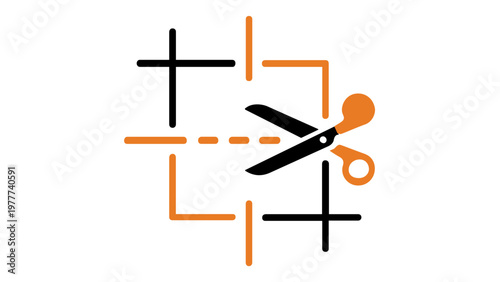 Scalable vector icon illustration of scissors cutting along a dashed line with crop marks and registration crosses, ideal for print media production, trimming, and graphic design layout services.