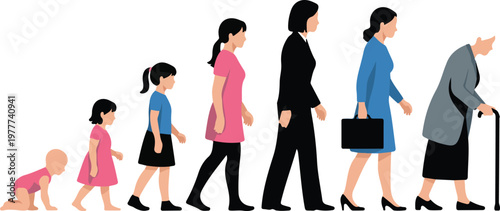 Minimalist line art illustration showing human life cycle progression from baby to elderly stages with walking figures isolated on white background