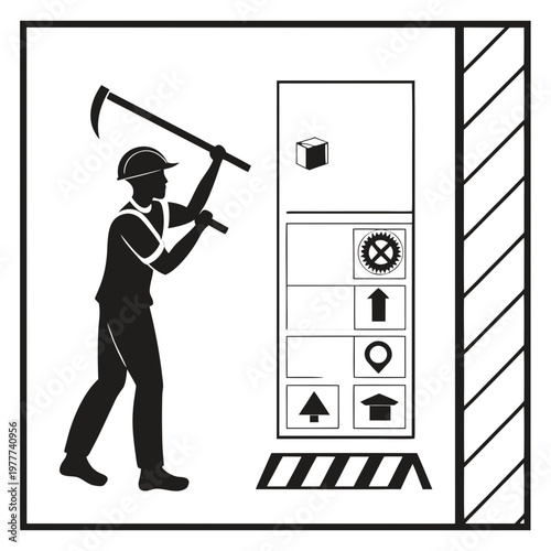 Worker with pickaxe breaking through wall warning signs construction safety